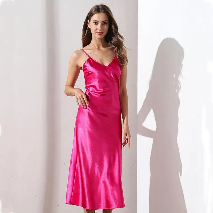 Satin Nightgown Long Slip Silk V Neck Sleepwear