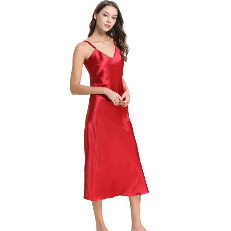 Satin Nightgown Long Slip Silk V Neck Sleepwear