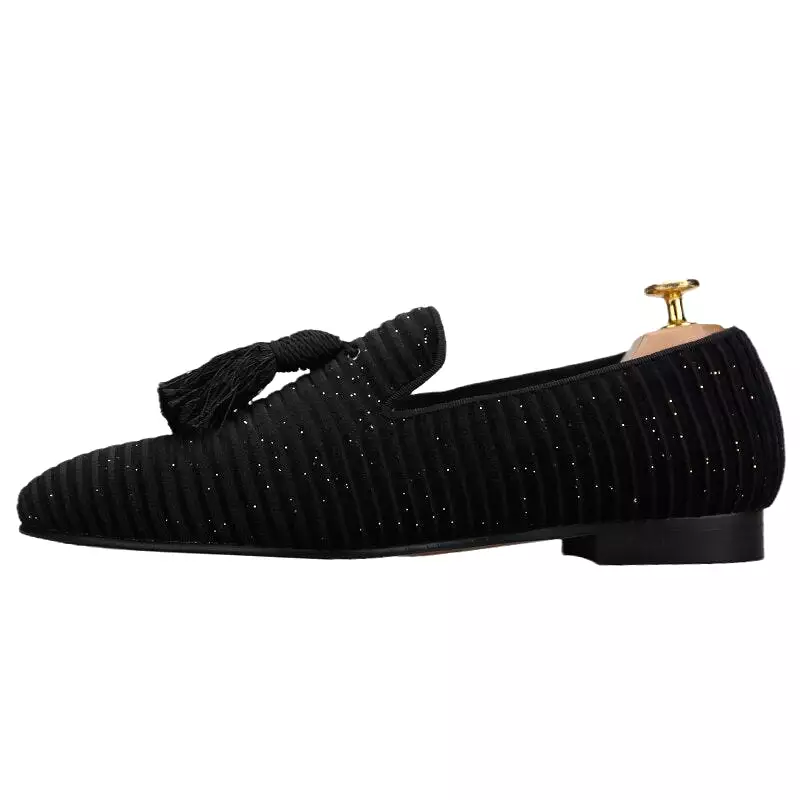 Stripe Cotton Men Loafers Handmade Tassel Men