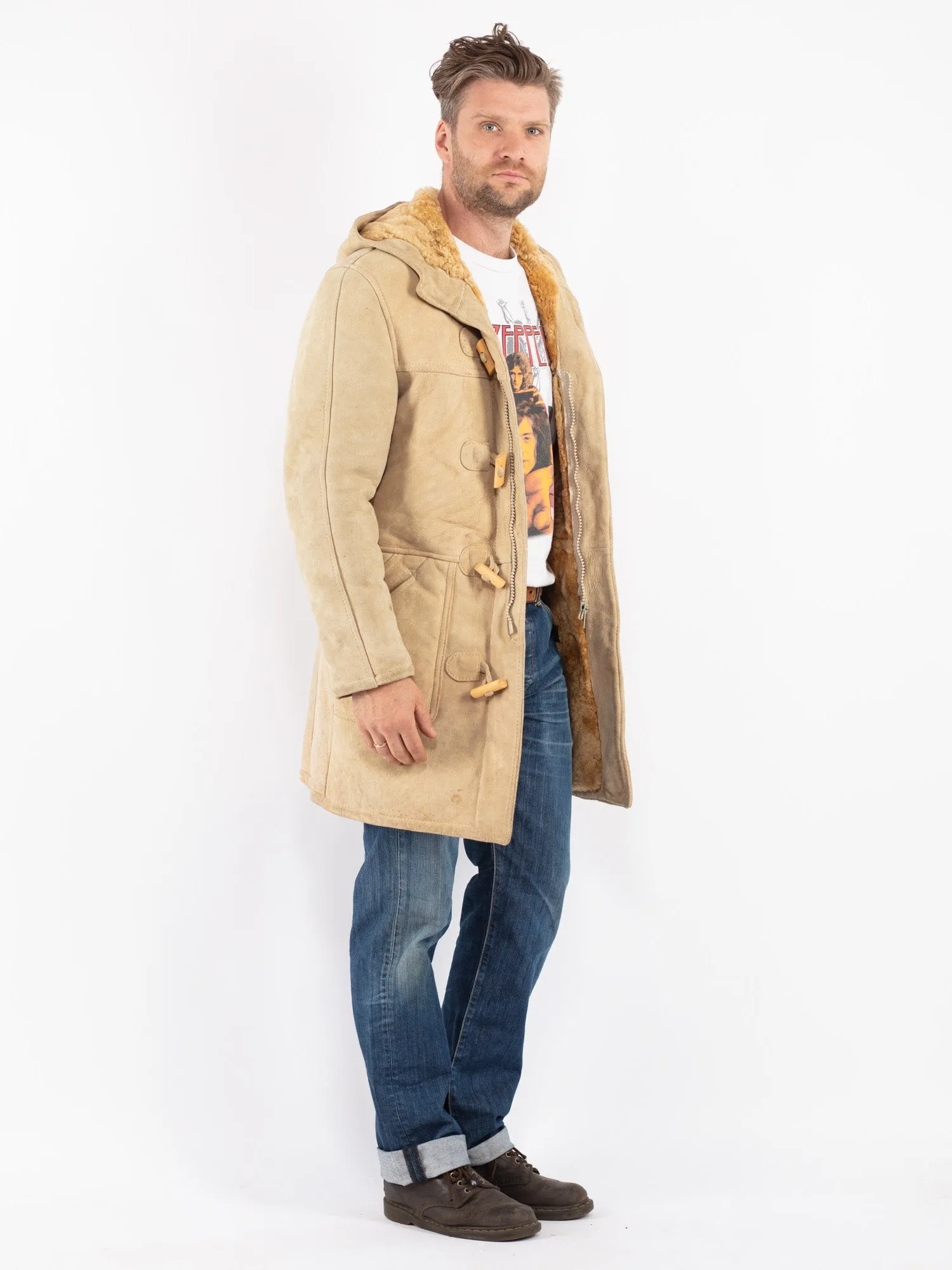 Vintage 70's Men Hooded Sheepskin Coat in Beige