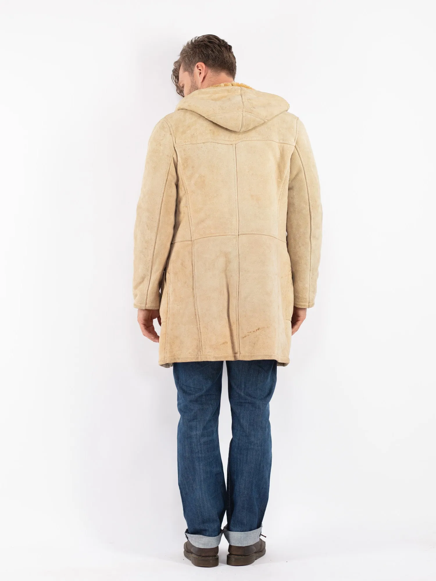 Vintage 70's Men Hooded Sheepskin Coat in Beige