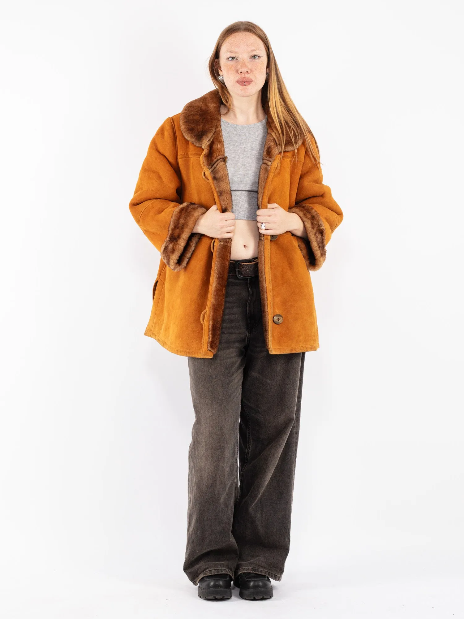 Vintage 80's Women Sheepskin Shearling Coat in Brown