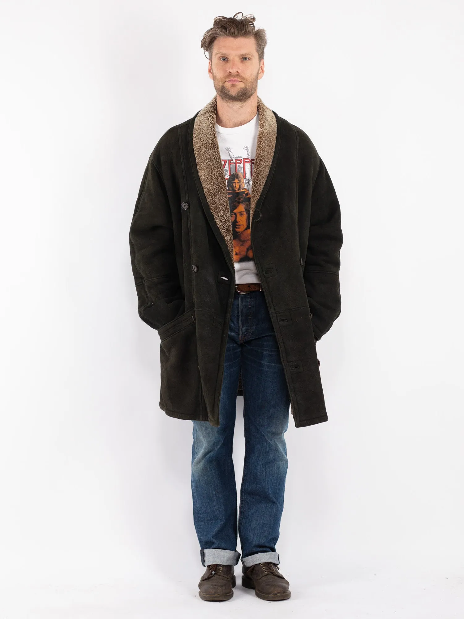 Vintage 90's Men Oversized Sheepskin Coat in Black