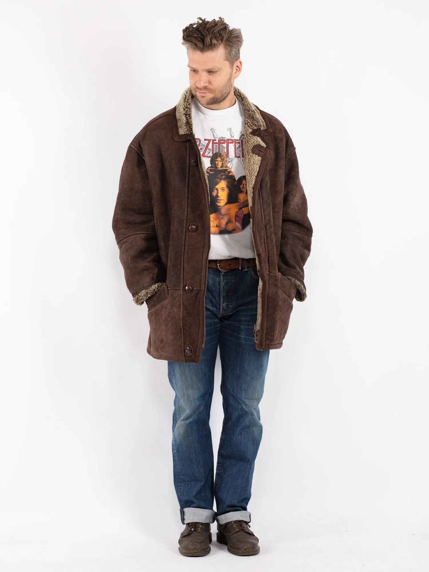 Vintage 90's Men Sheepskin Shearling Coat in Brown