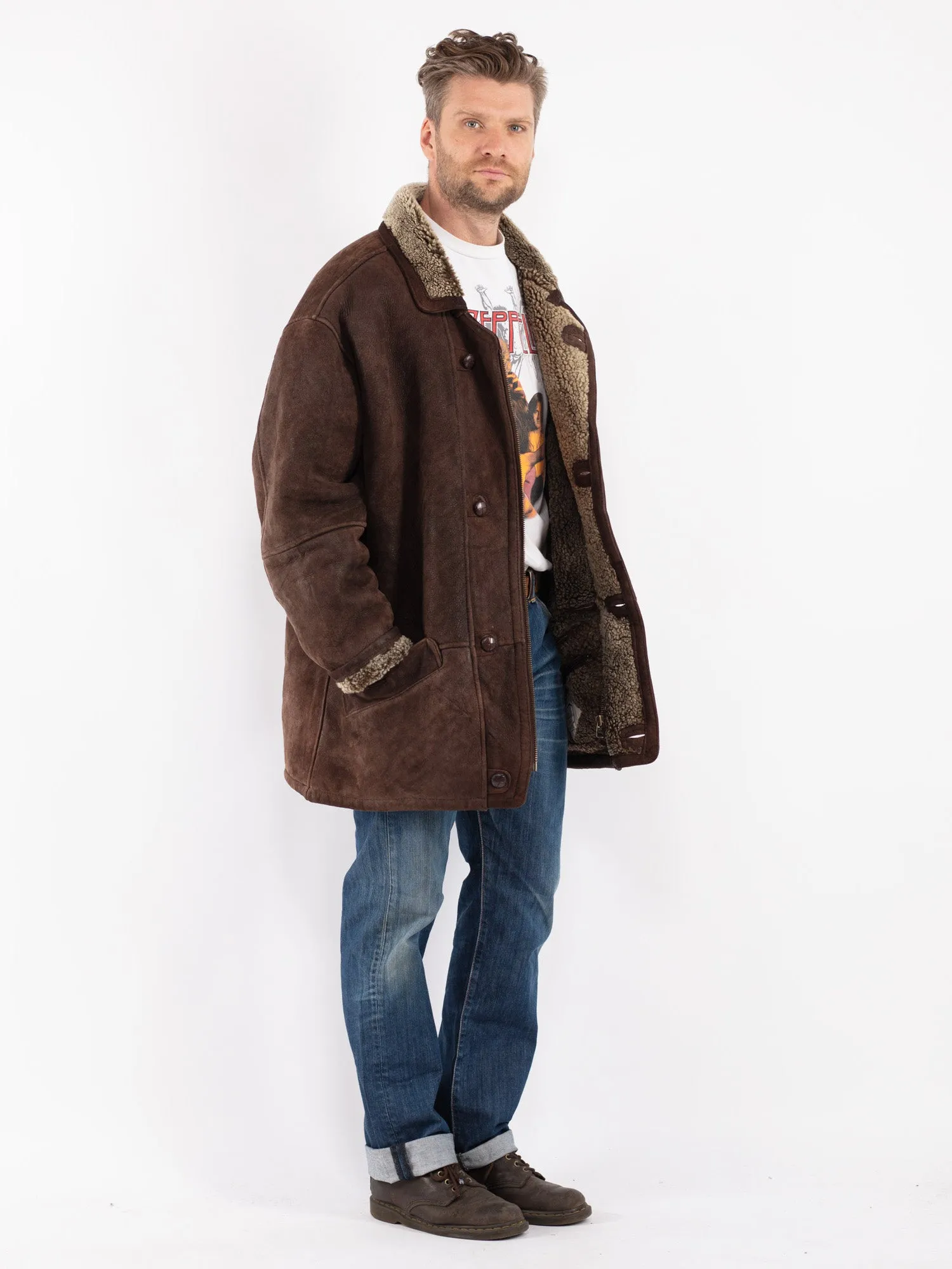 Vintage 90's Men Sheepskin Shearling Coat in Brown