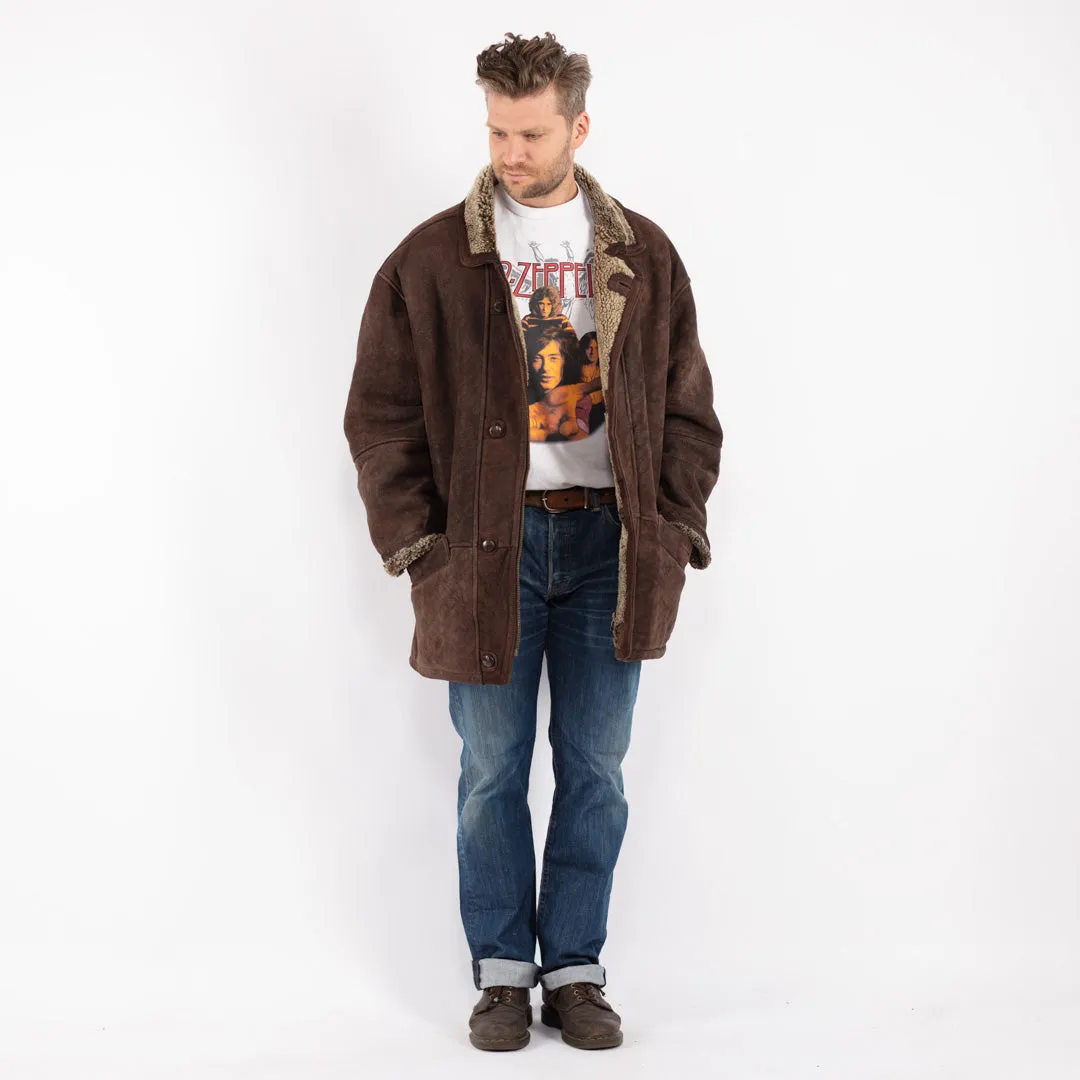 Vintage 90's Men Sheepskin Shearling Coat in Brown