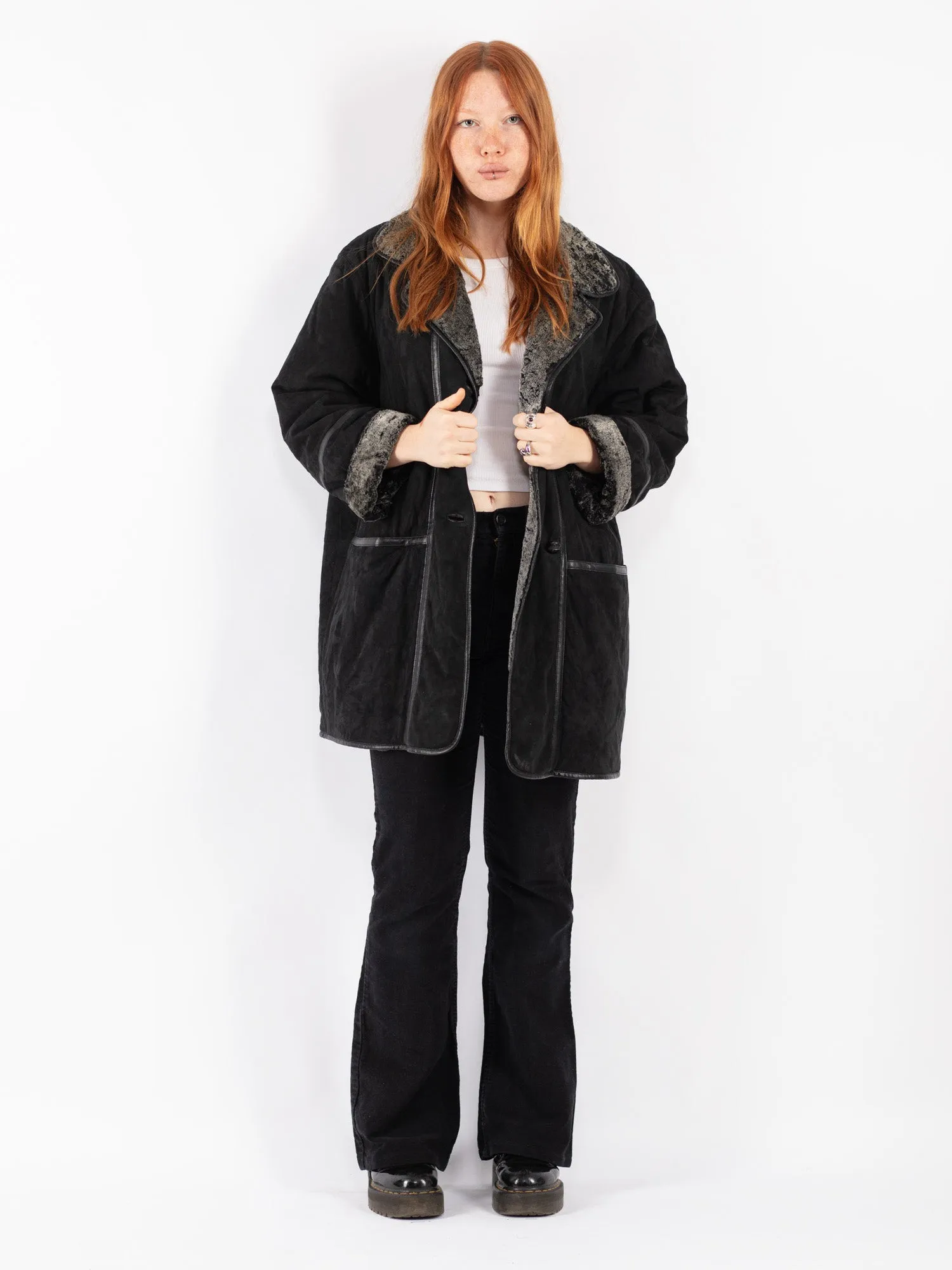 Vintage 90's Women Faux Sheepskin Coat in Black