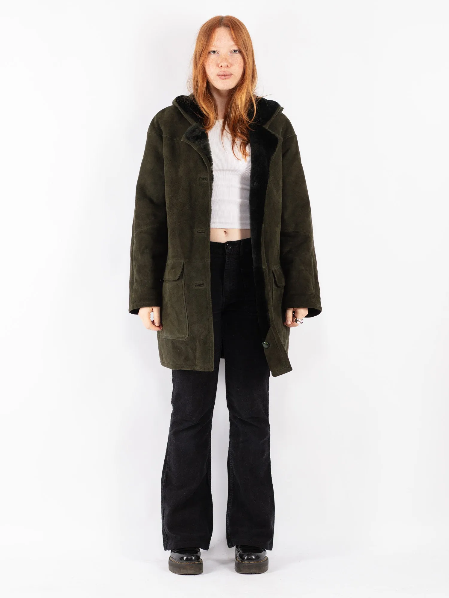 Vintage 90's Women Hooded Sheepskin Coat in Green