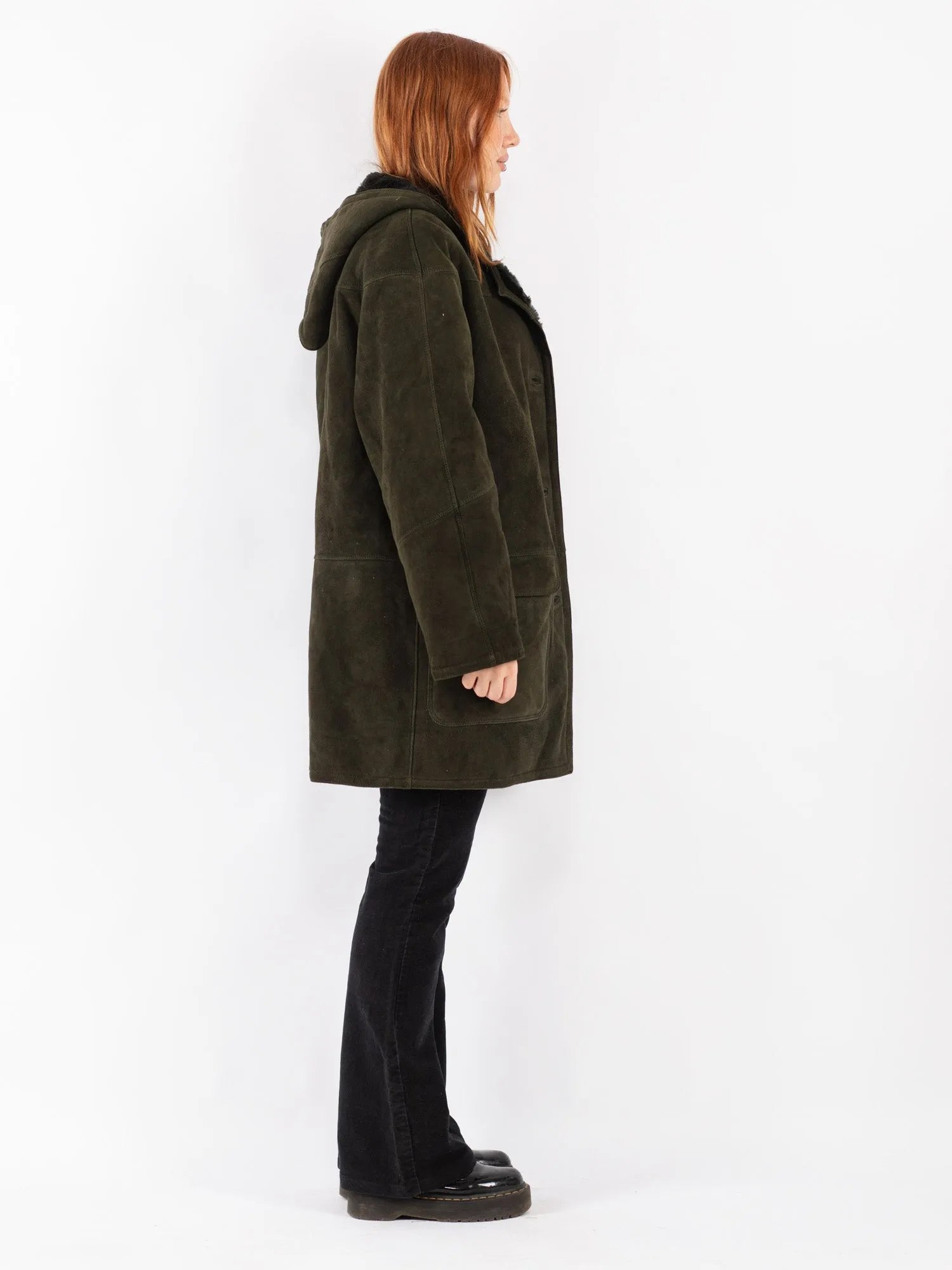 Vintage 90's Women Hooded Sheepskin Coat in Green