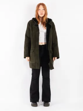 Vintage 90's Women Hooded Sheepskin Coat in Green