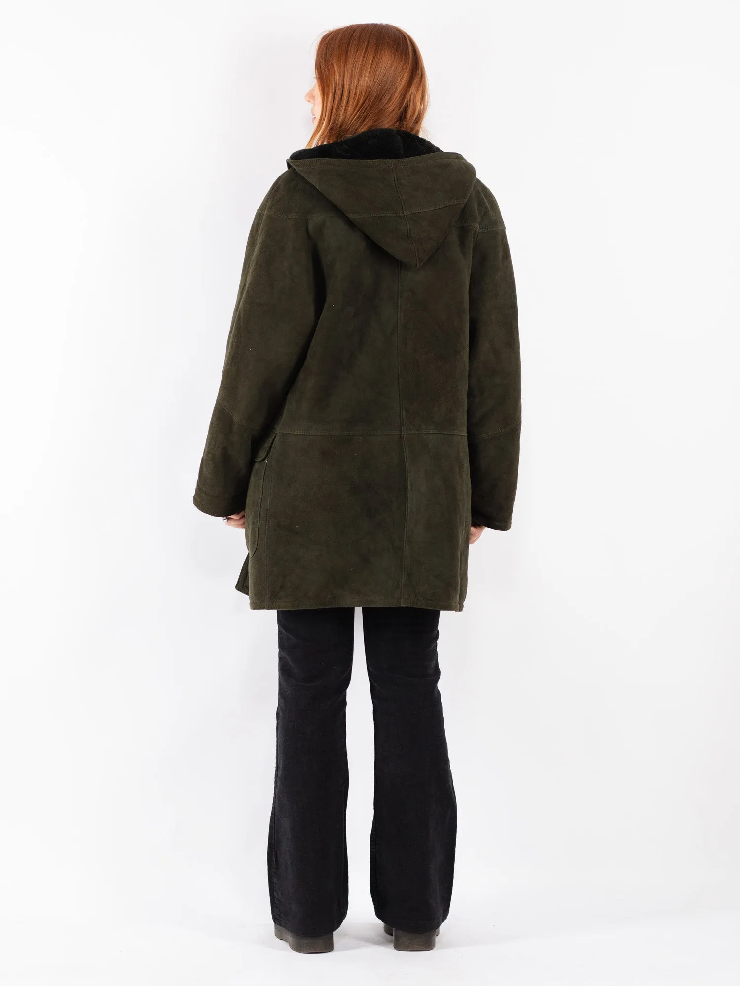 Vintage 90's Women Hooded Sheepskin Coat in Green