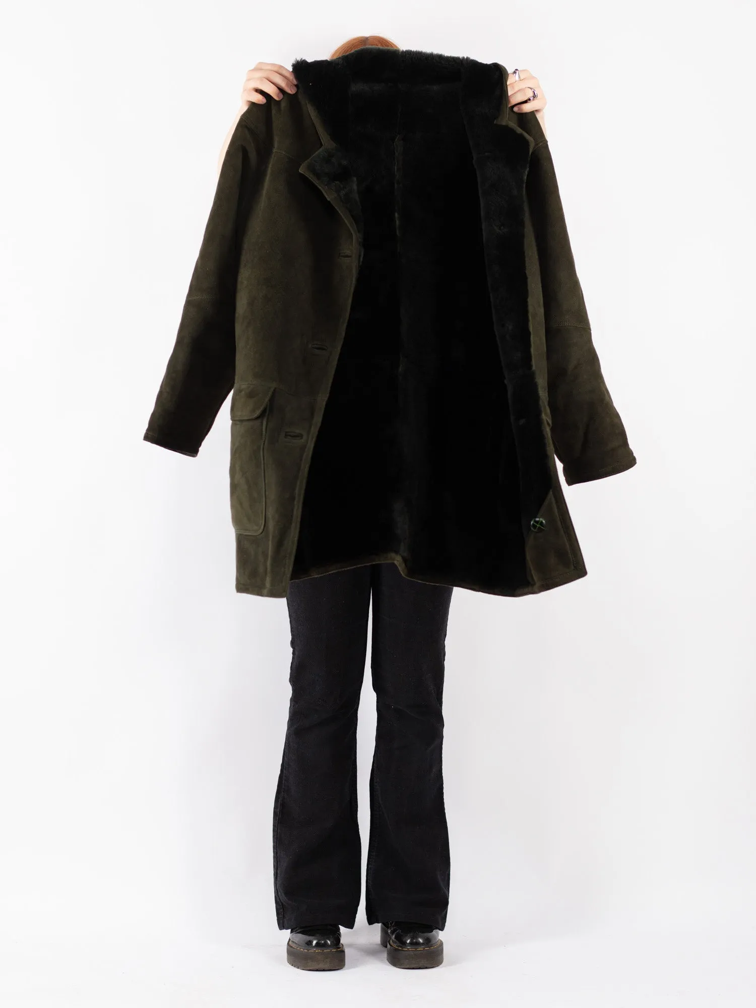 Vintage 90's Women Hooded Sheepskin Coat in Green