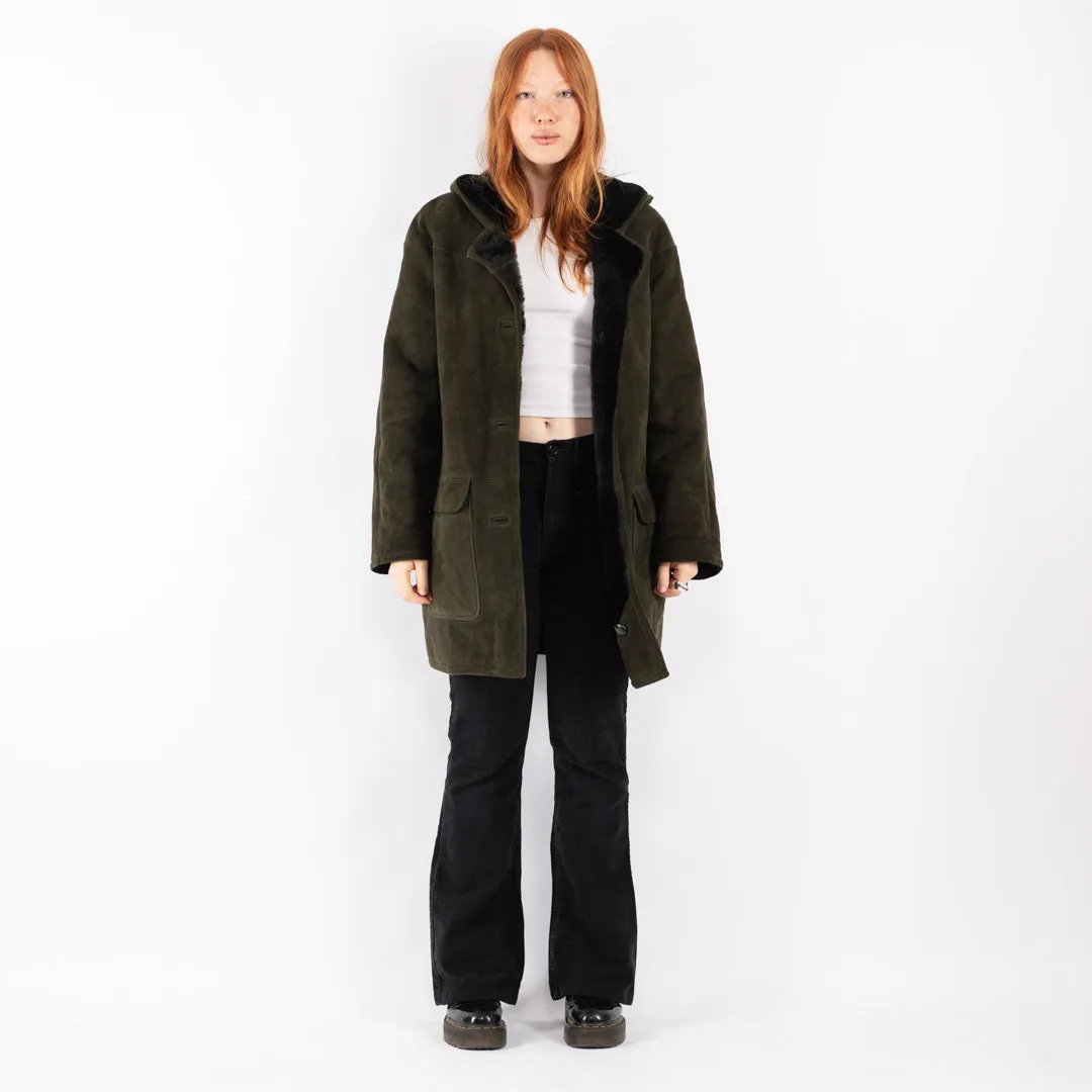 Vintage 90's Women Hooded Sheepskin Coat in Green