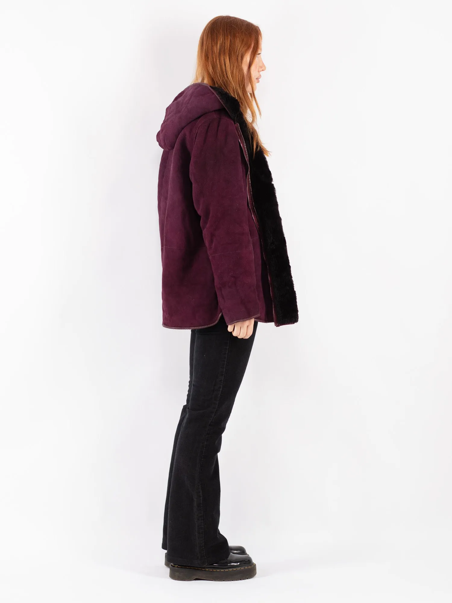 Vintage 90's Women Hooded Sheepskin Coat in Purple