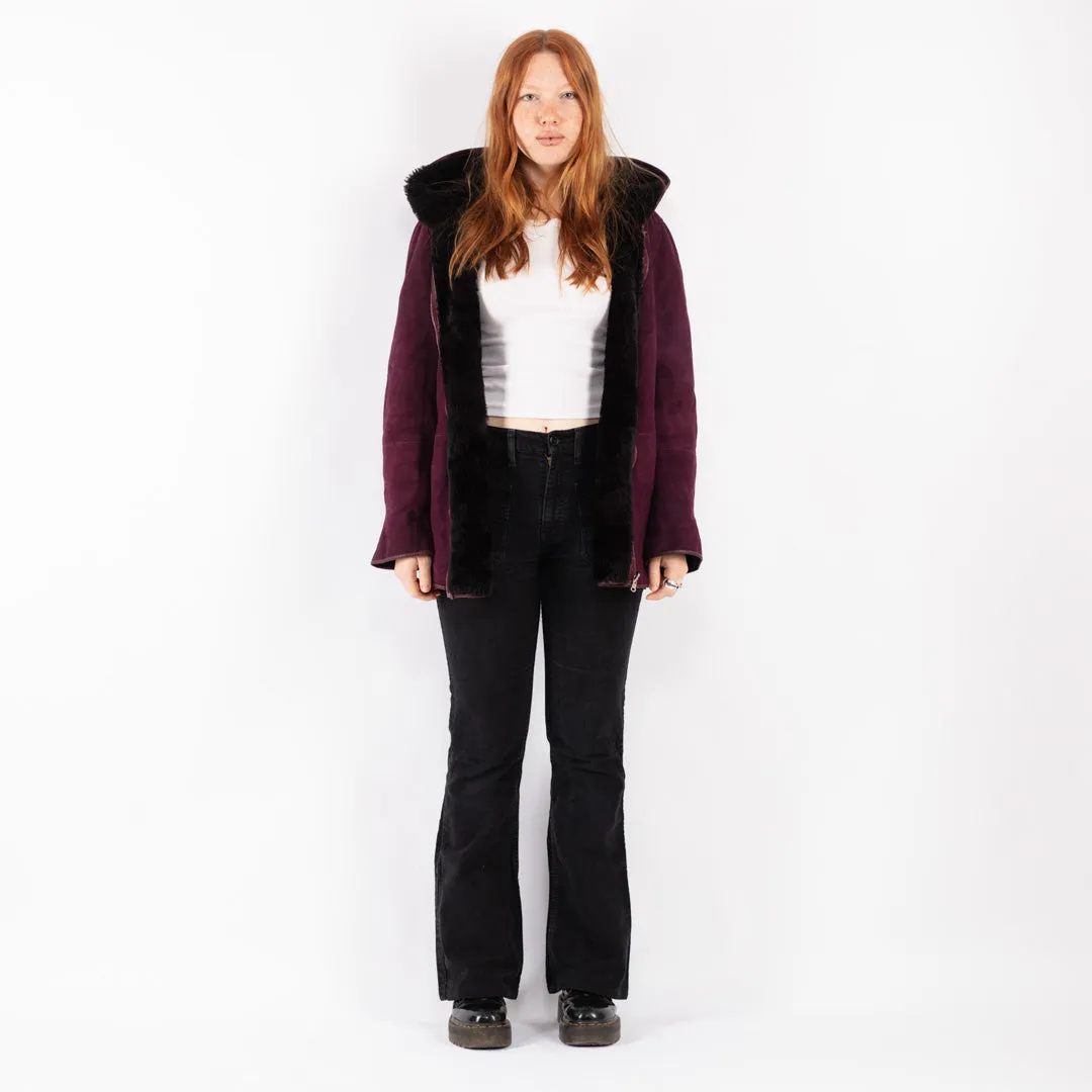 Vintage 90's Women Hooded Sheepskin Coat in Purple