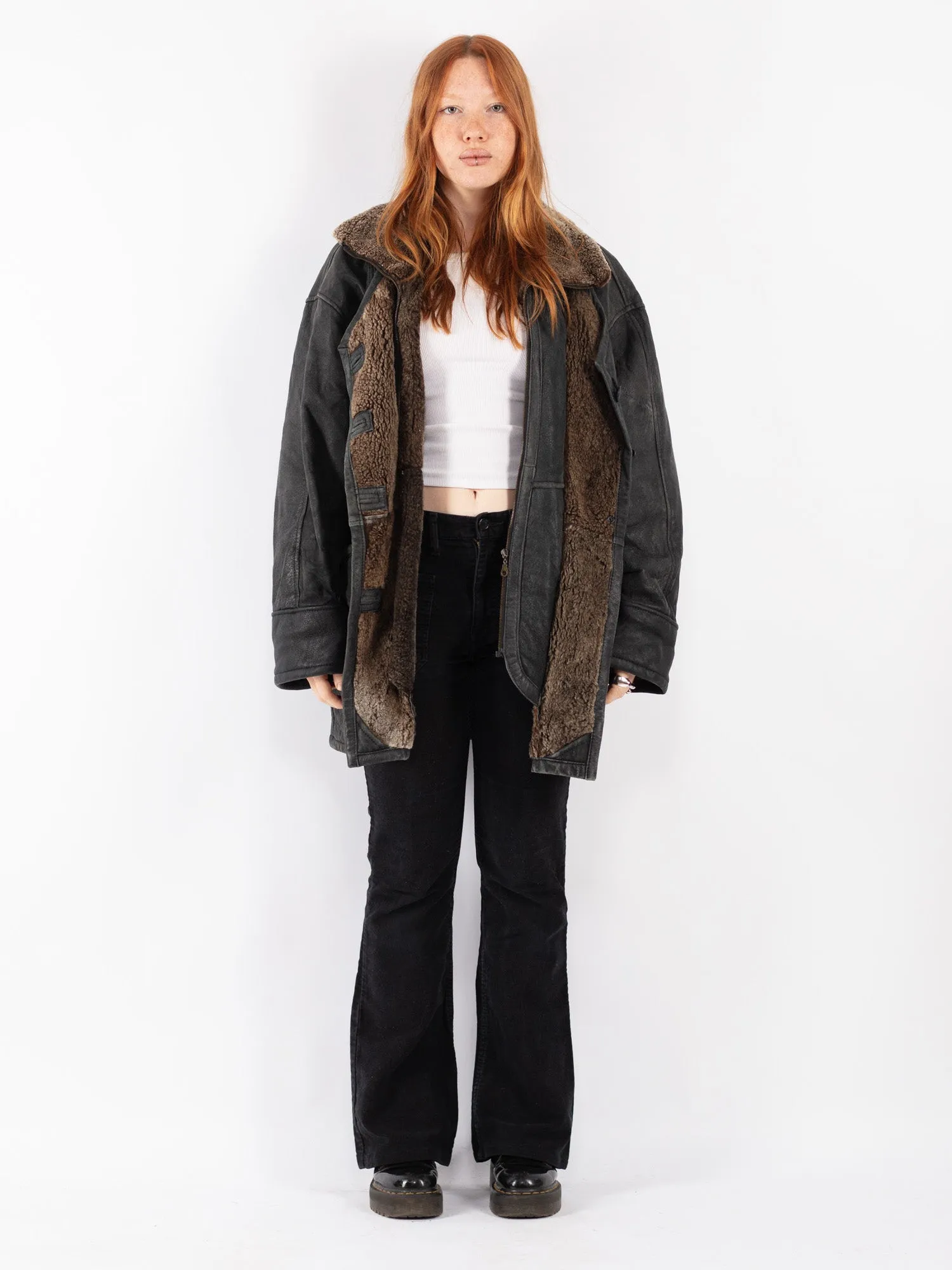 Vintage 90's Women Sheepskin Shearling Coat in Black