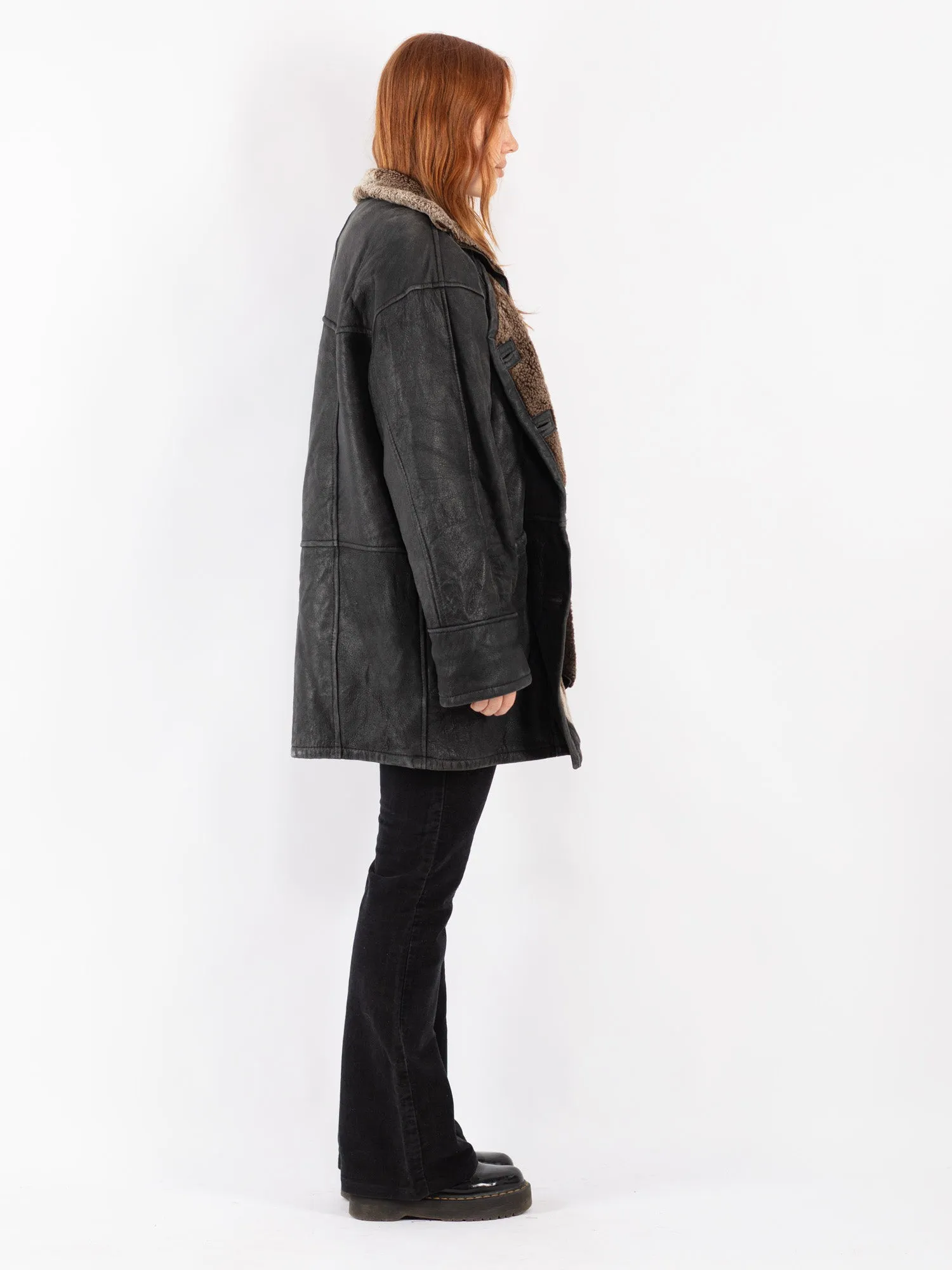 Vintage 90's Women Sheepskin Shearling Coat in Black