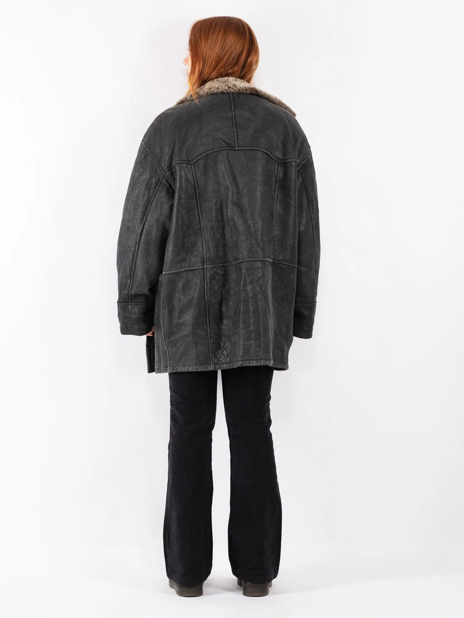 Vintage 90's Women Sheepskin Shearling Coat in Black