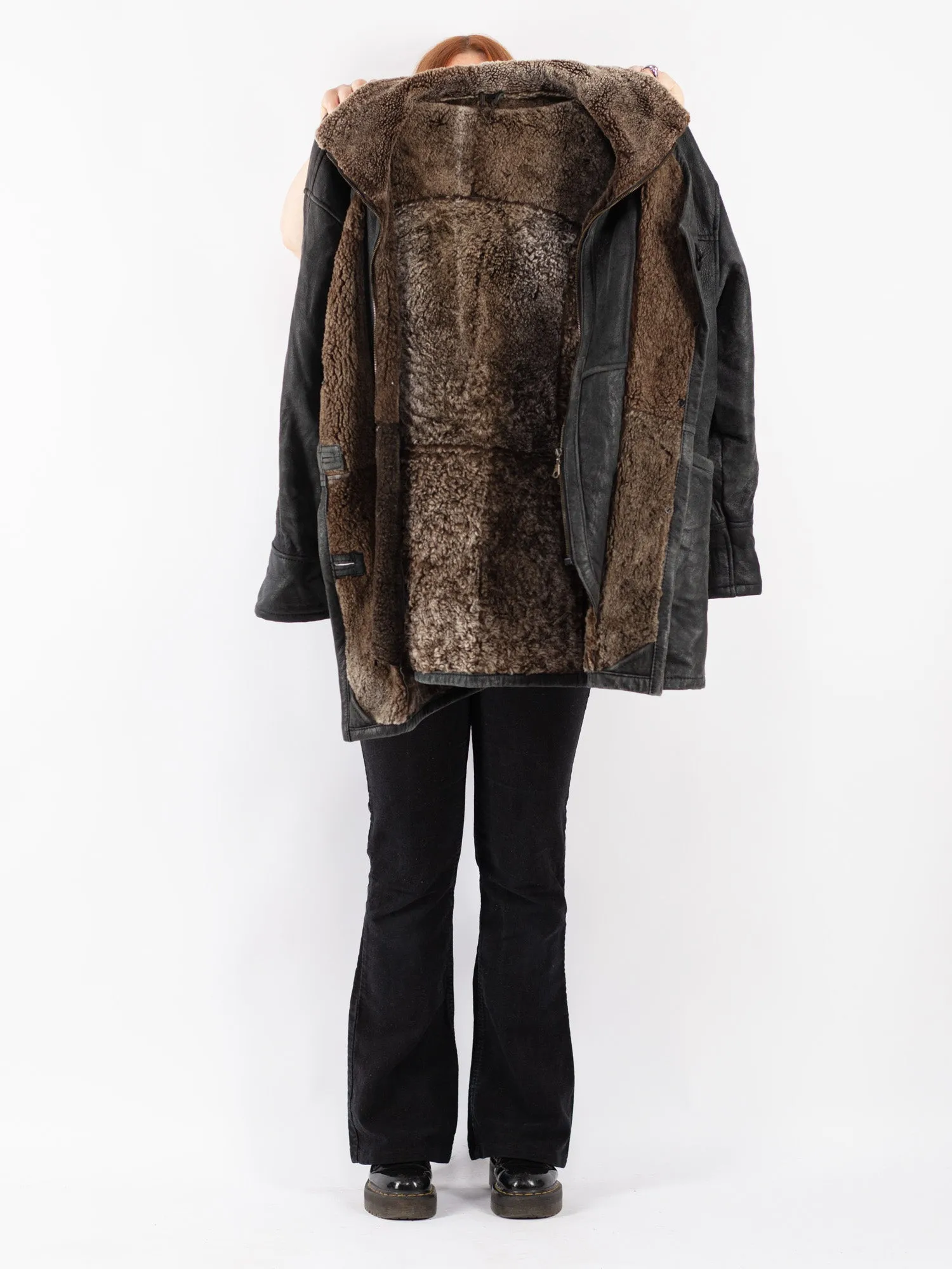 Vintage 90's Women Sheepskin Shearling Coat in Black