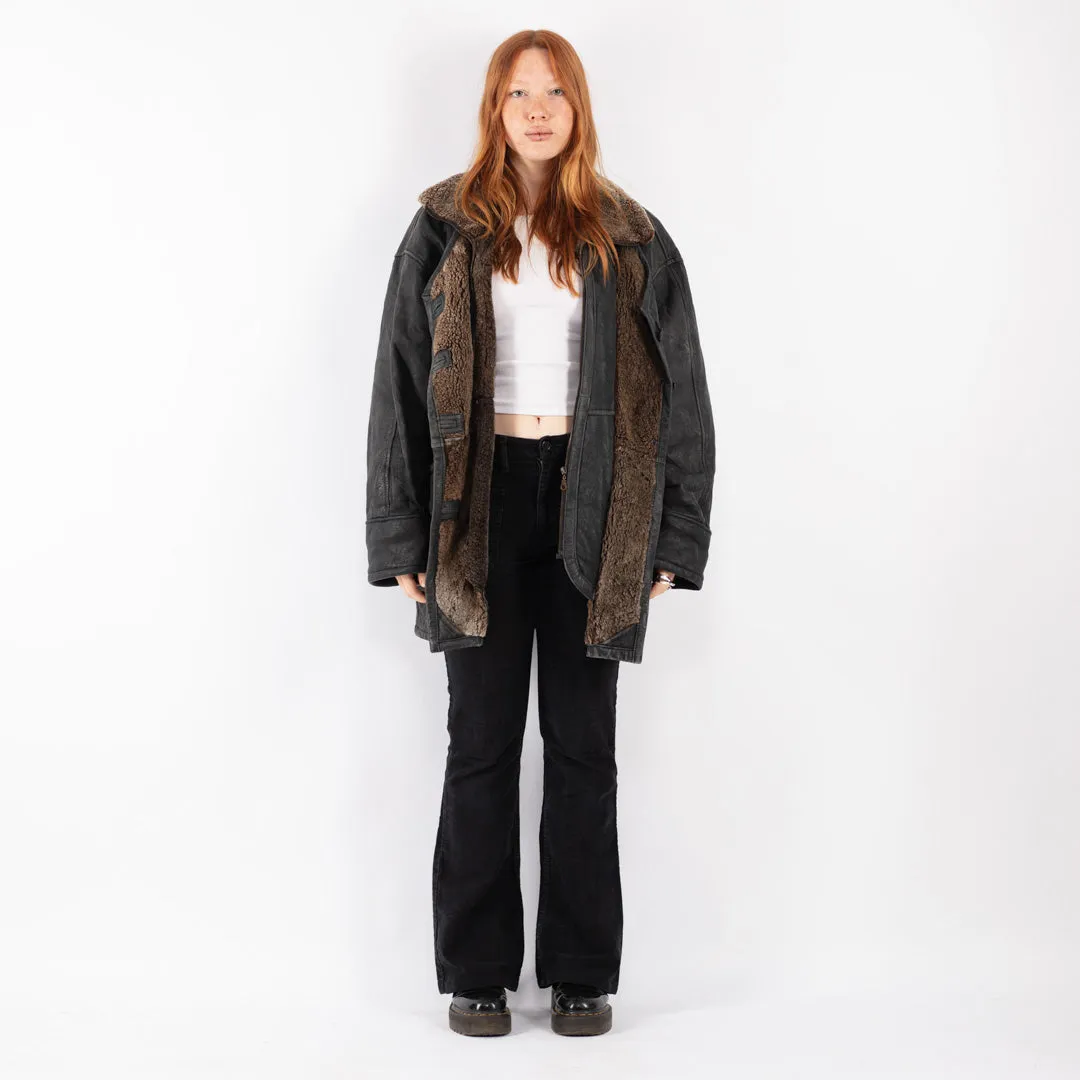 Vintage 90's Women Sheepskin Shearling Coat in Black