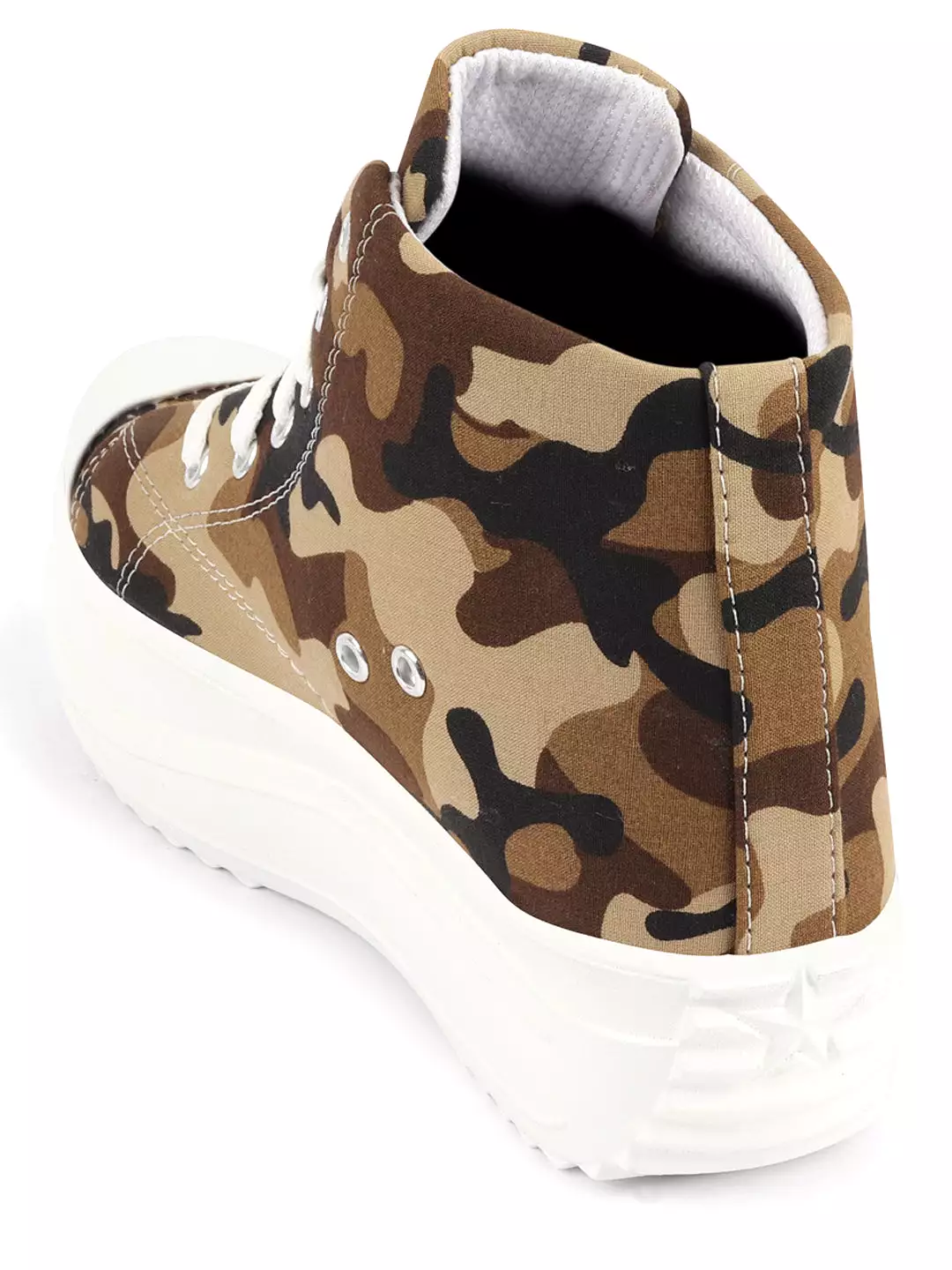 Women Beige High Ankle Top Wedge Heels Camouflage Print Canvas Lace Up Sneakers Shoes