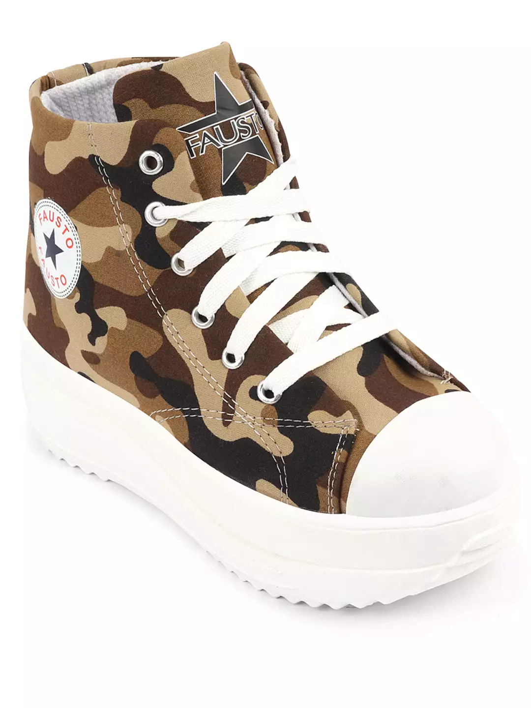 Women Beige High Ankle Top Wedge Heels Camouflage Print Canvas Lace Up Sneakers Shoes