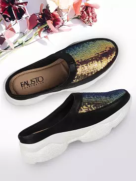 Women Black Back Open Embellished Slip On Mules