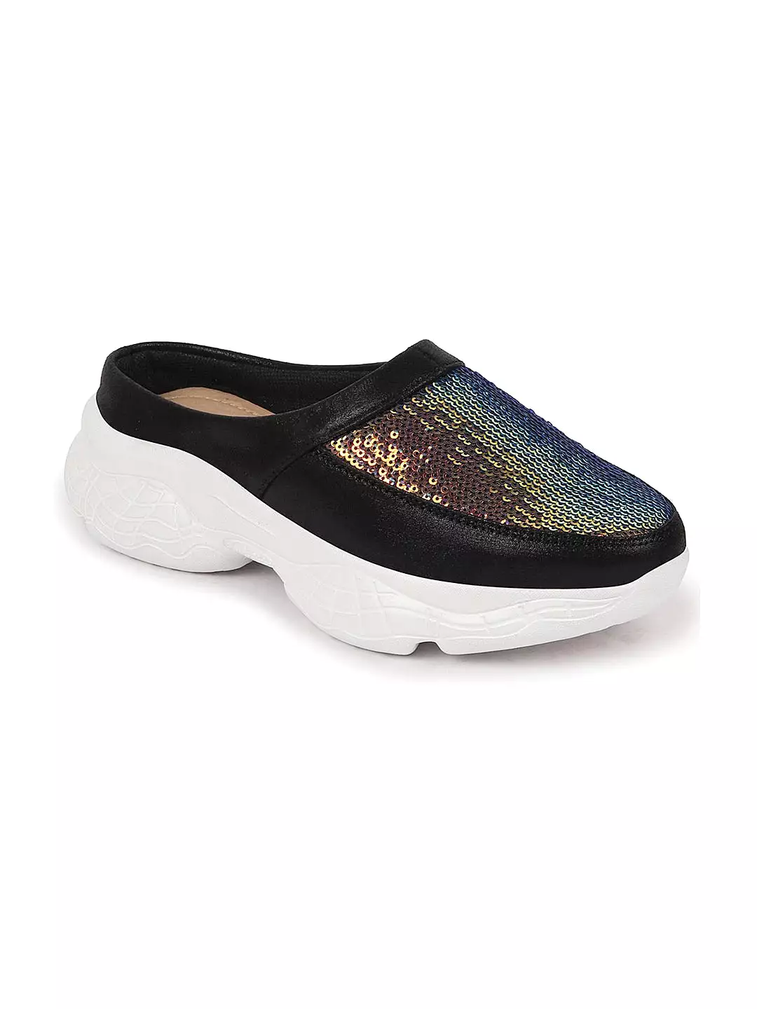 Women Black Back Open Embellished Slip On Mules