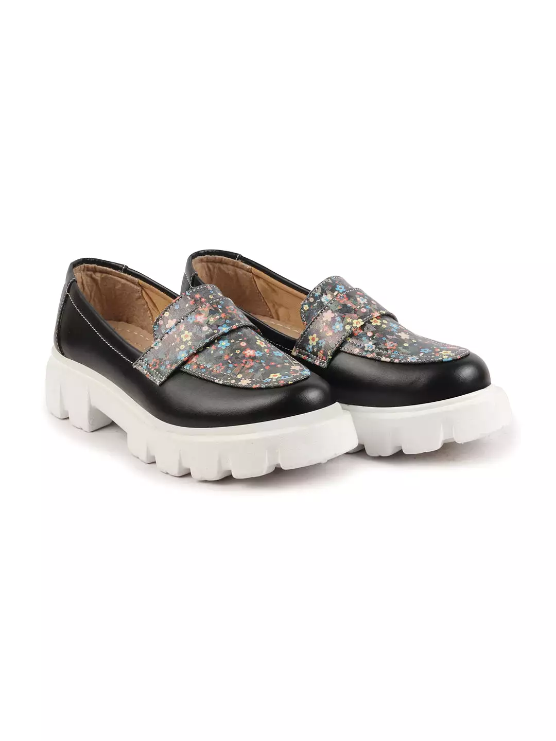 Women Black Stiched Floral Print Classic Weekend Party Slip On Casual Shoes