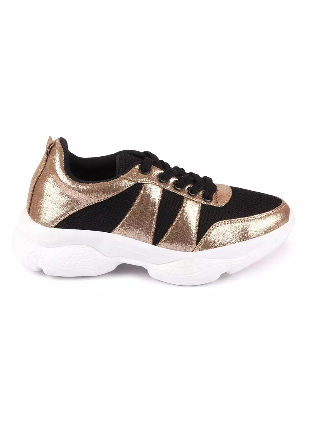 Women Black/Golden Lace Up Sneakers