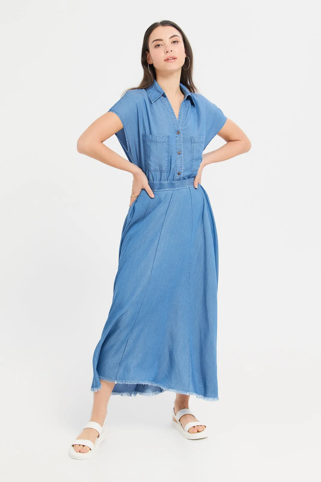 Women Blue A-Line Tencel Skirt