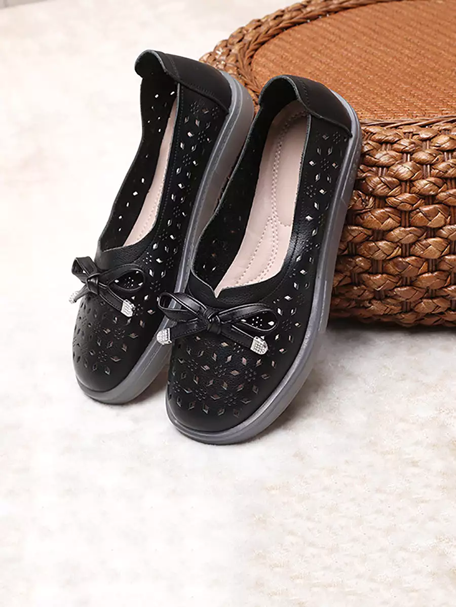 Women Casual Summer Solid Cutout Leather Flat Shoes KL1043