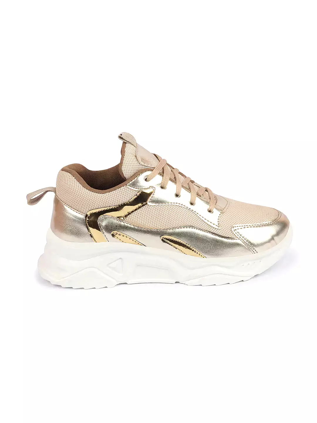 Women Golden Embellished Sporty Design Fashion Stylish Lace Up Sneakers Shoes