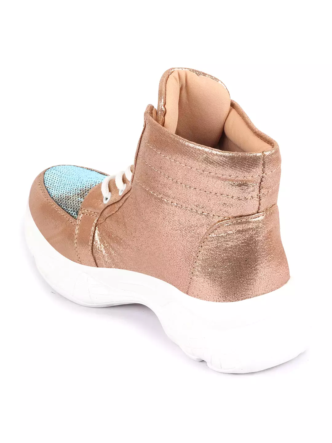 Women Golden High Ankle Lace Up Embellished Sneakers