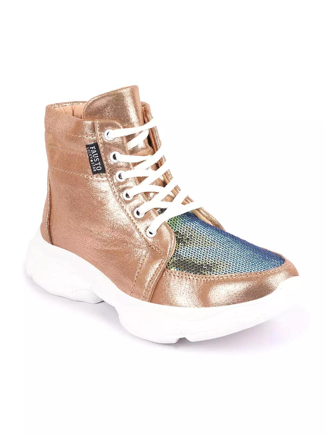 Women Golden High Ankle Lace Up Embellished Sneakers