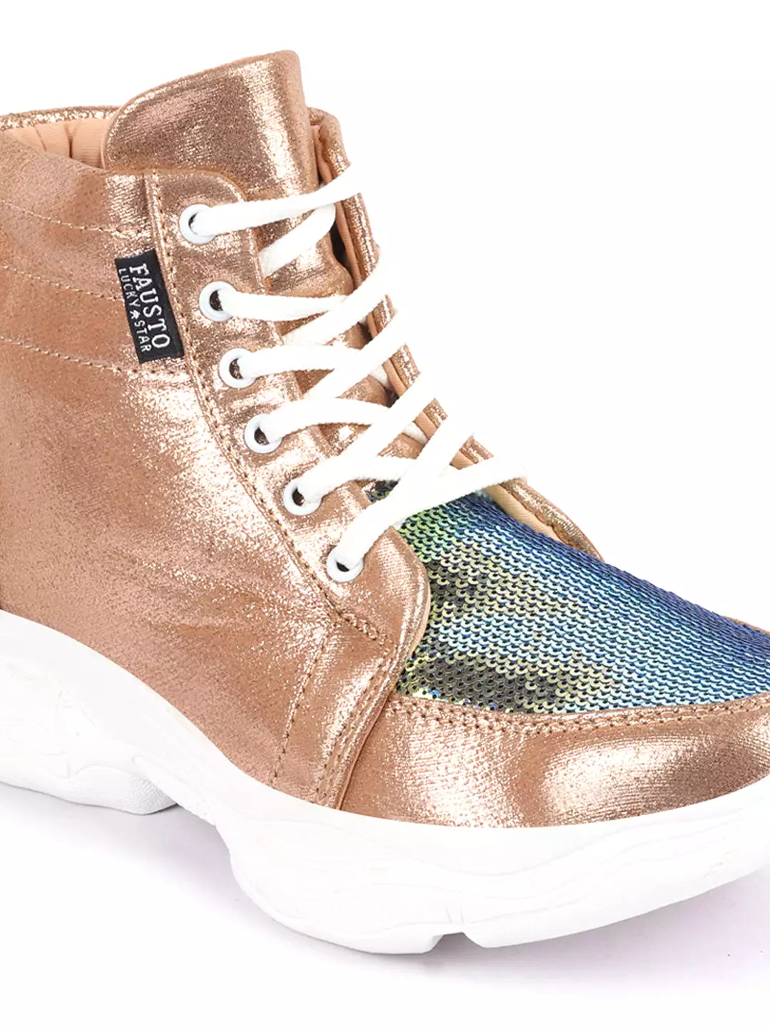 Women Golden High Ankle Lace Up Embellished Sneakers