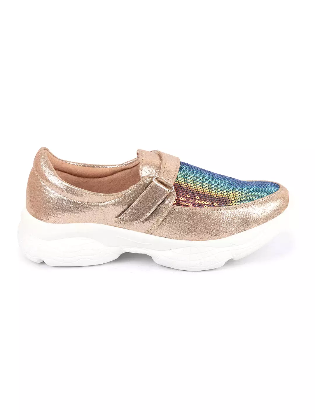 Women Golden Stylish Hook & Loop Sneakers