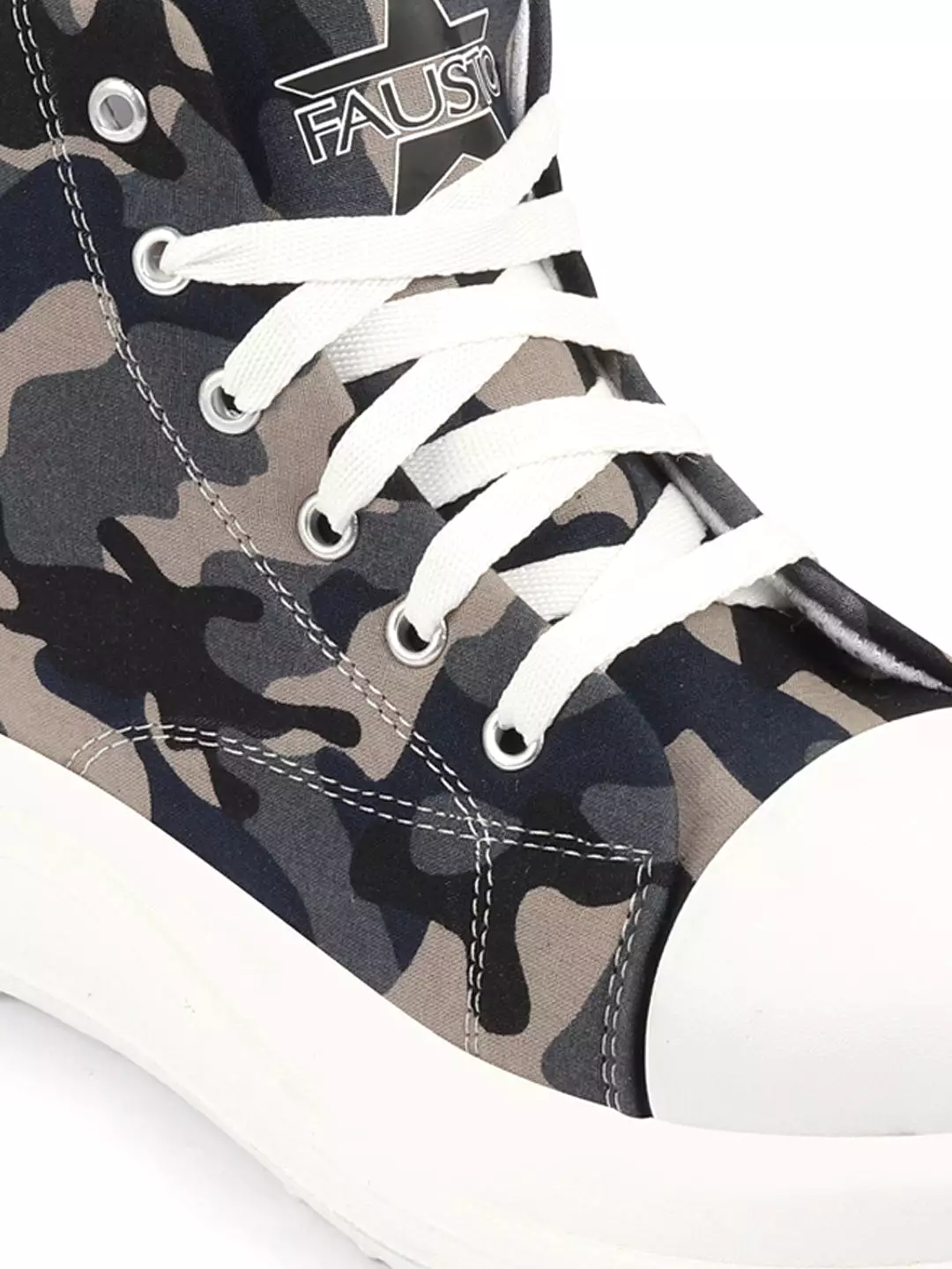 Women Grey High Ankle Top Wedge Heels Camouflage Print Canvas Lace Up Sneakers Shoes