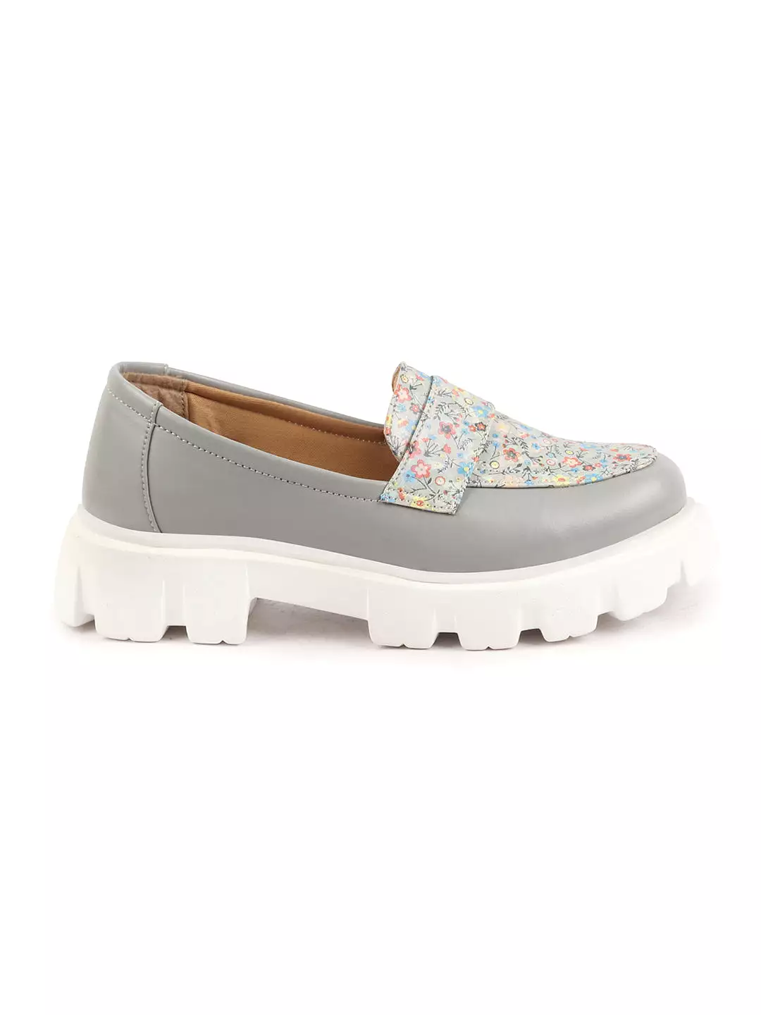 Women Grey Stiched Floral Print Classic Weekend Party Slip On Casual Shoes