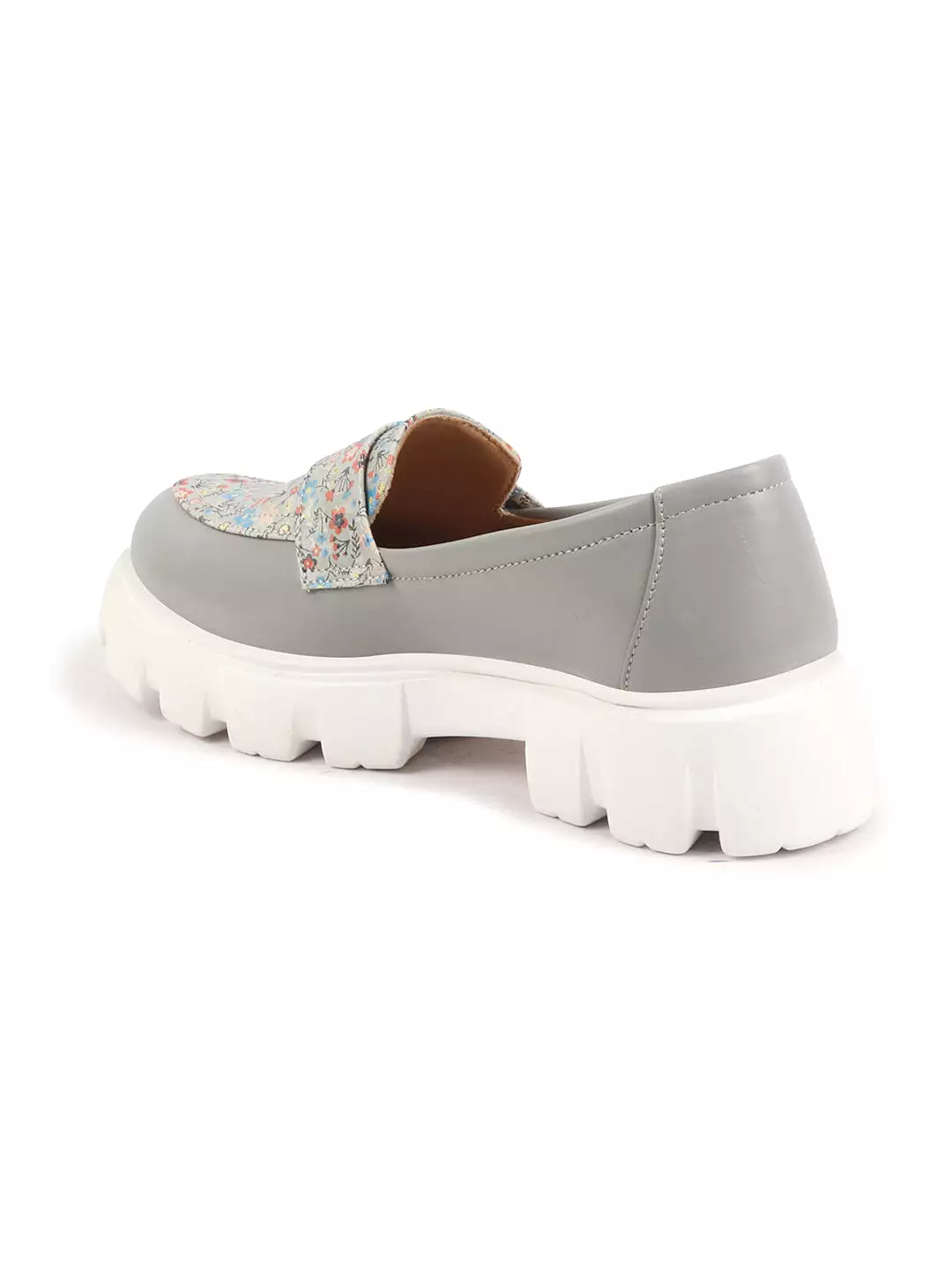 Women Grey Stiched Floral Print Classic Weekend Party Slip On Casual Shoes