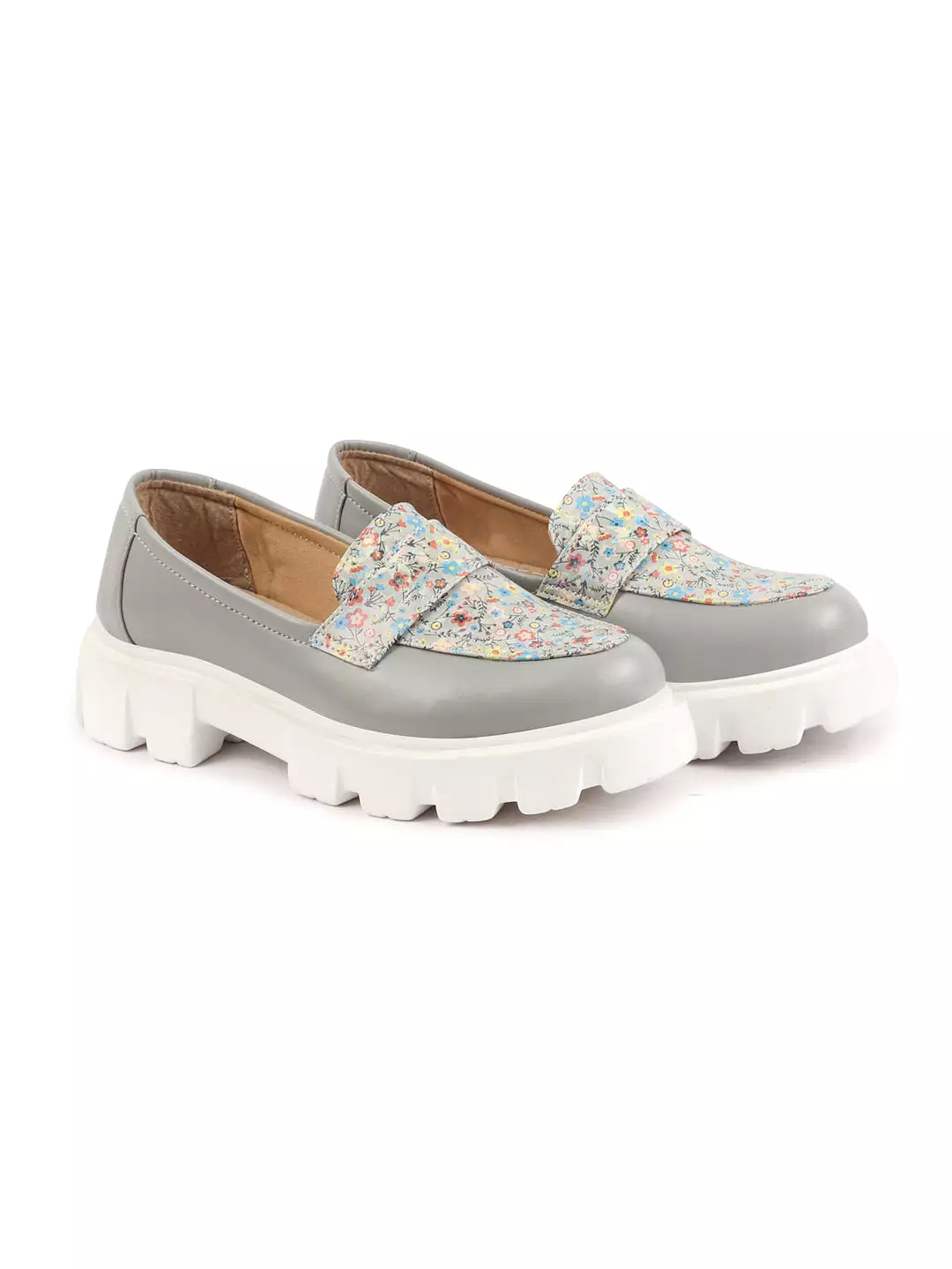 Women Grey Stiched Floral Print Classic Weekend Party Slip On Casual Shoes