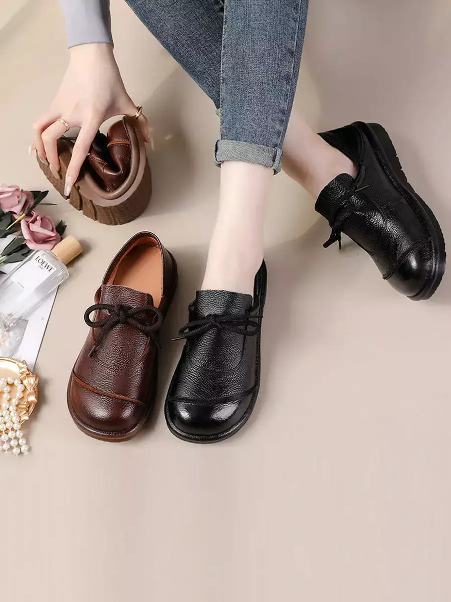 Women Leather Drawstring Flat Shoes