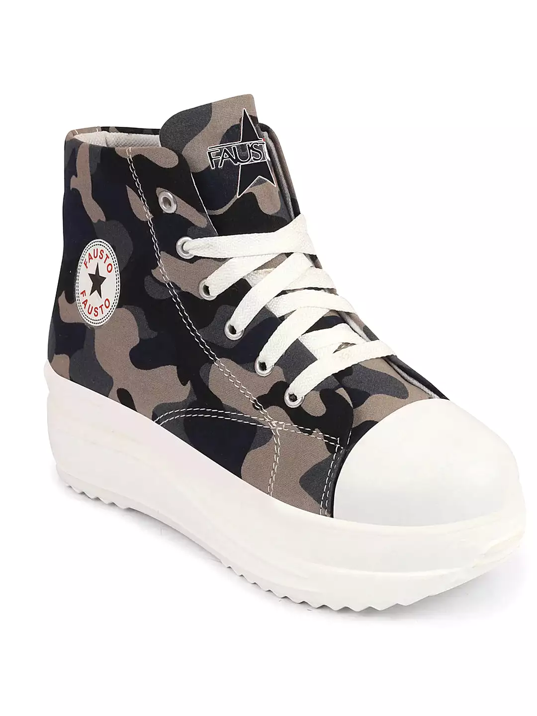 Women Navy Blue High Ankle Top Wedge Heels Camouflage Print Canvas Lace Up Sneakers Shoes