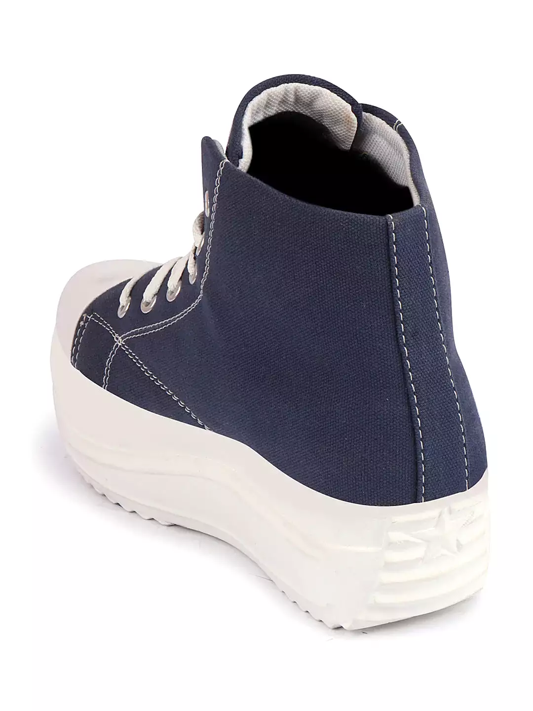 Women Navy Blue High Ankle Top Wedge Heels Canvas Lace Up Sneakers Shoes