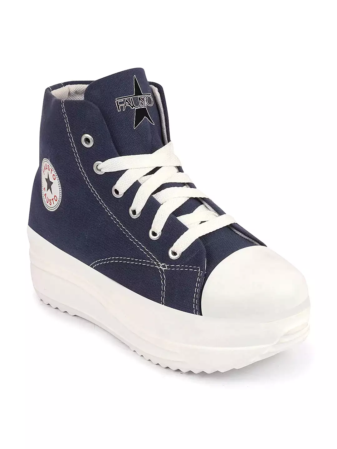 Women Navy Blue High Ankle Top Wedge Heels Canvas Lace Up Sneakers Shoes