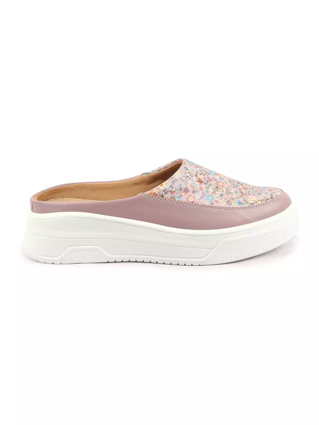 Women Peach Stiched Floral Print Back Open Height Enhancer Flatform Heel Slip On Casual Shoes