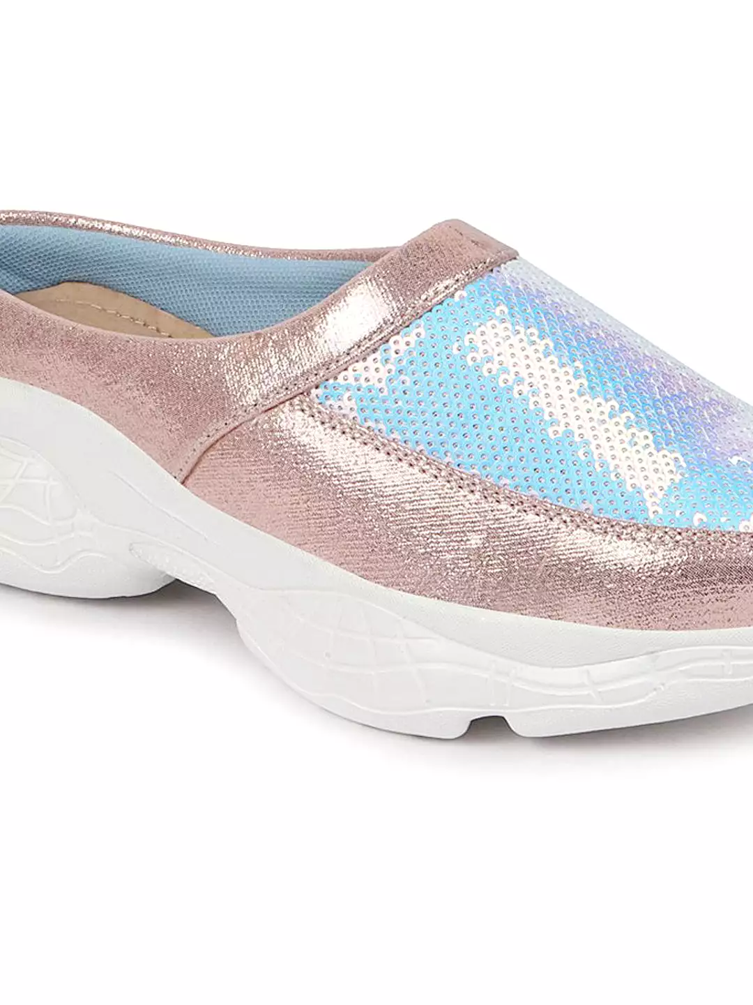 Women Pink Back Open Embellished Slip On Mules