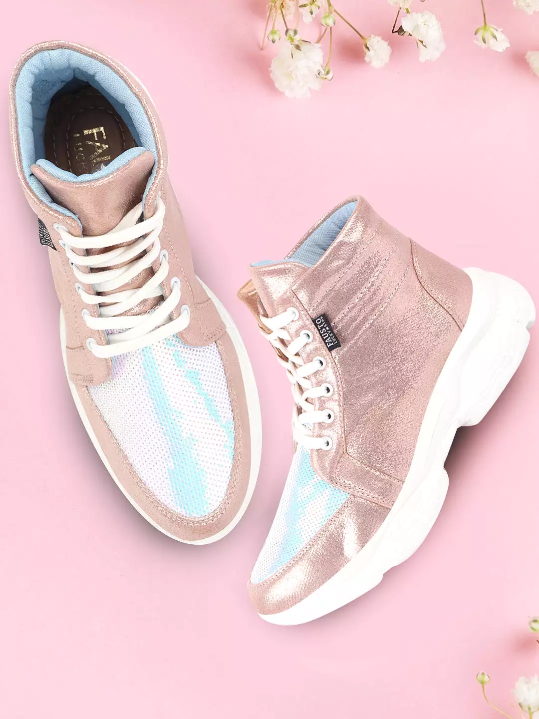 Women Pink High Ankle Lace Up Embellished Sneakers