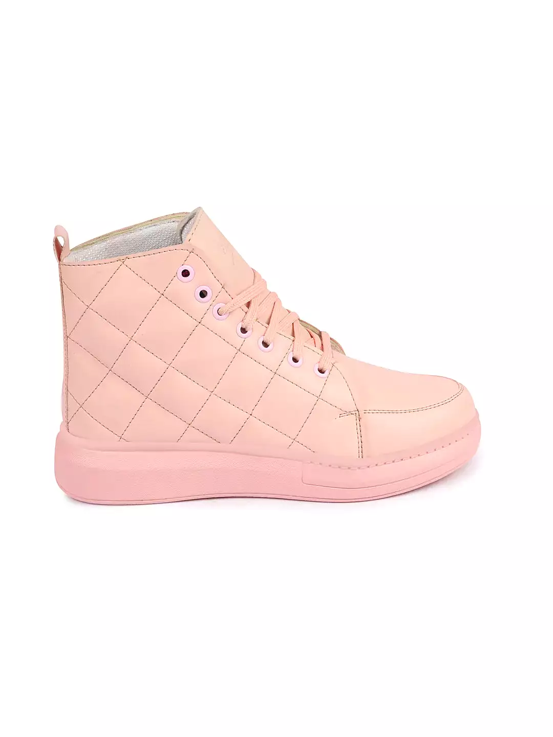 Women Pink High Ankle Top Wedge Heels Stitched Design Lace Up Sneakers Shoes