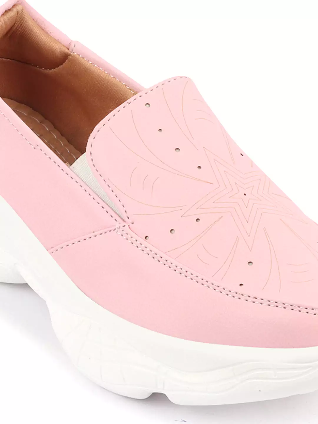 Women Pink Printed Design Stitched Comfort Slip On Sneaker Shoes